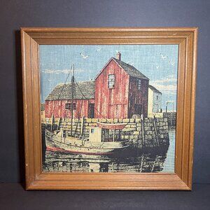 Vintage Nautical Wooden Framed Dockside Fishing Boat Cove Linen Wall Art Print